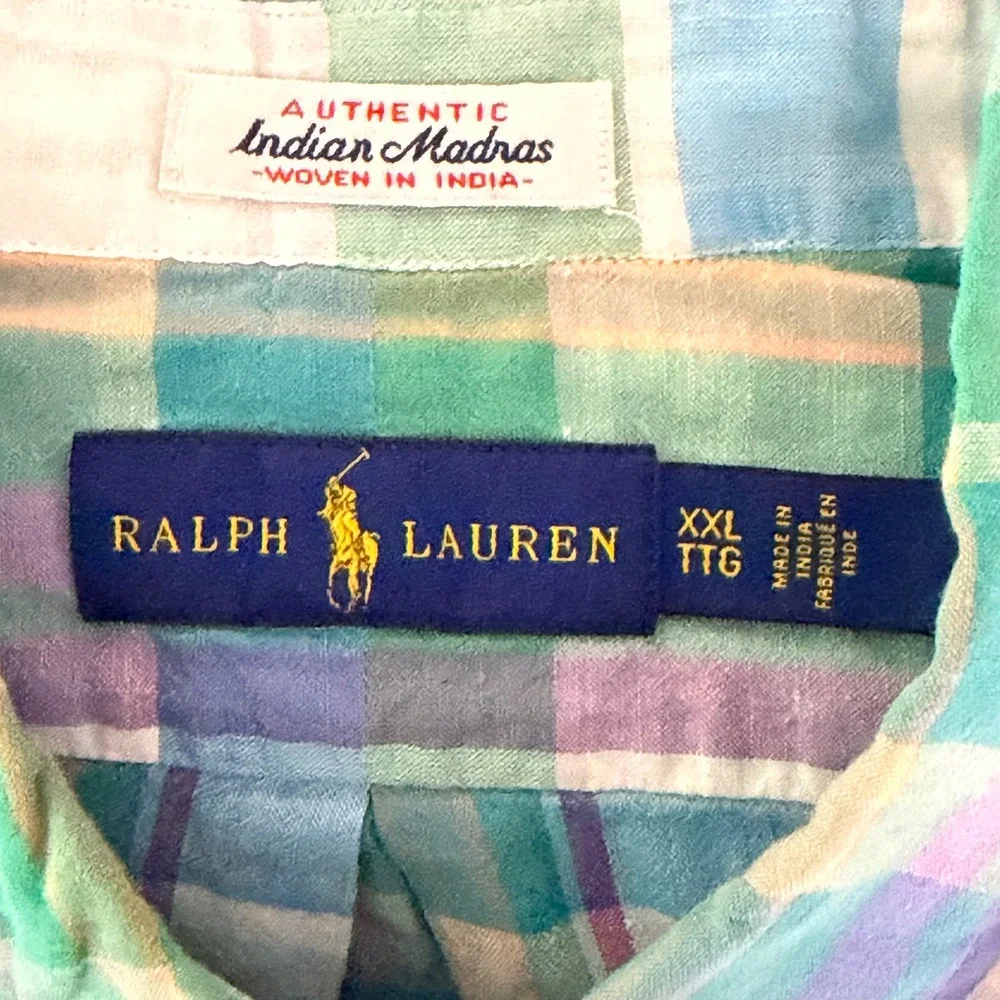 Ralph Lauren Shirt Men XXL Green Plaid Madras Cotton Viscose Short Sleeve Preppy
